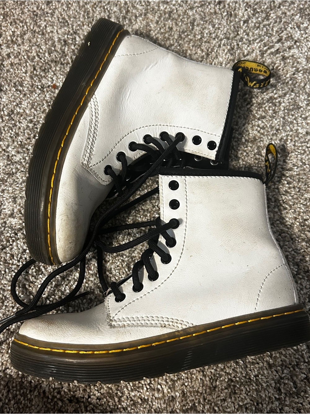 Girls size 13 docs Dr. Martens White Lace-Up Combat Boots with Yellow Stitching